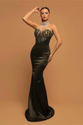 Abiti da Ballo Eleganti Lunghi a Trapezio in Satin con Perline a Sirena