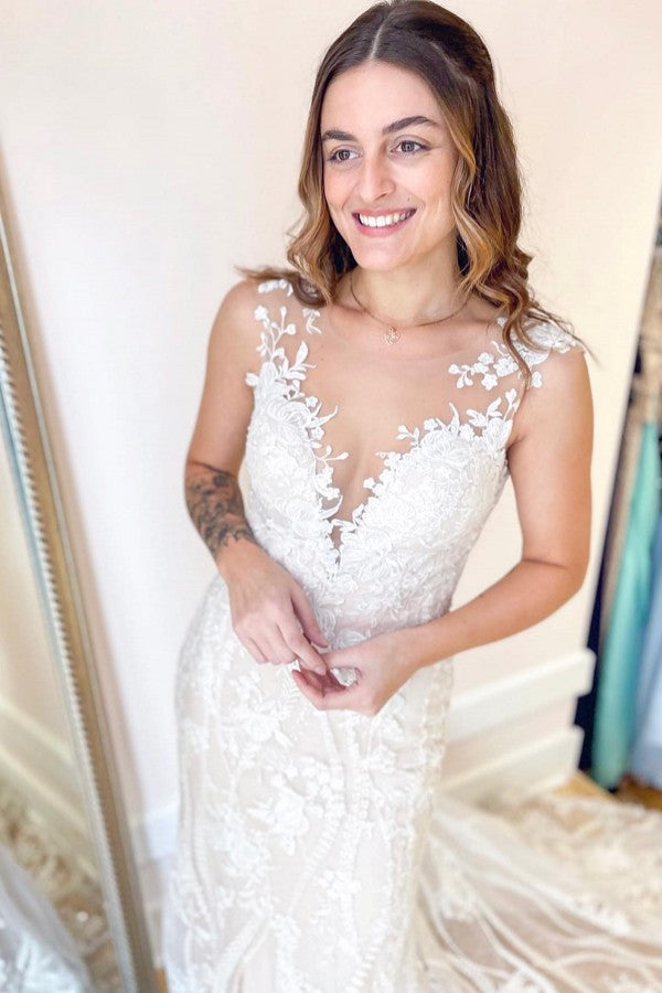 Elegantes langes rückenfreies Meerjungfrau-Brautkleid mit Bootsausschnitt, Applikationen und Spitze