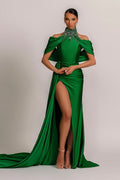 Elegante Vestido de Gala Largo de Sirena con Tirantes al Cuello en Satén y Abertura