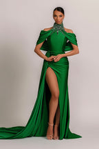 Elegant Long Mermaid Halter Satin Prom Dress with Slit