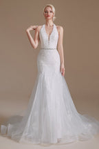 Vestido de Noiva Elegante e Comprido de Tule com Decote Halter e Cauda de Sereia Aplicações de Renda