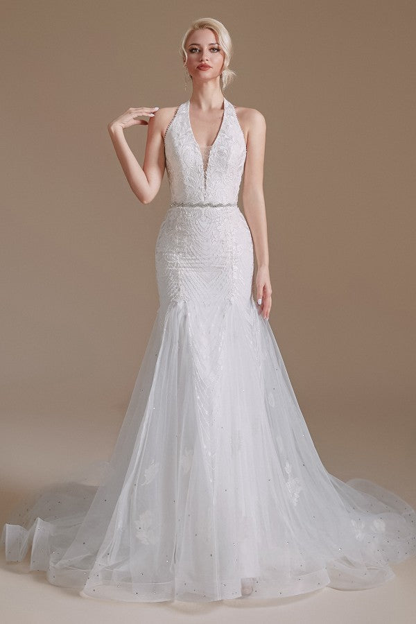 Elegantes langes bodenlanges Meerjungfrau-Brautkleid aus Tüll mit Halter, Applikationen und Spitze