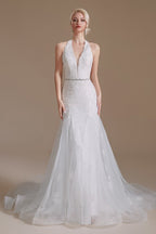 Vestido de Noiva Elegante e Comprido de Tule com Decote Halter e Cauda de Sereia Aplicações de Renda