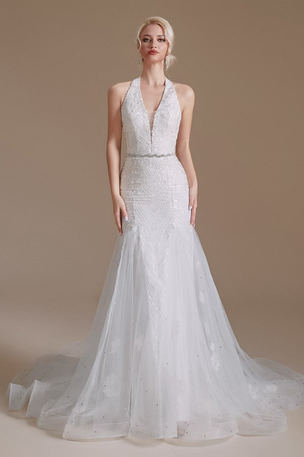 Elegantes langes bodenlanges Meerjungfrau-Brautkleid aus Tüll mit Halter, Applikationen und Spitze