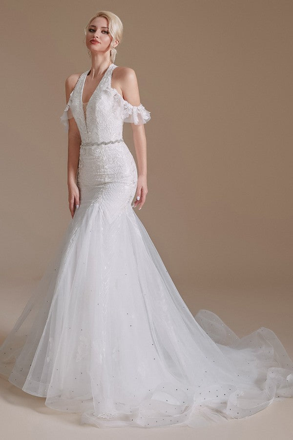 Elegantes langes bodenlanges Meerjungfrau-Brautkleid aus Tüll mit Halter, Applikationen und Spitze