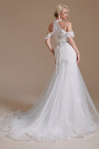 Vestido de Noiva Elegante e Comprido de Tule com Decote Halter e Cauda de Sereia Aplicações de Renda