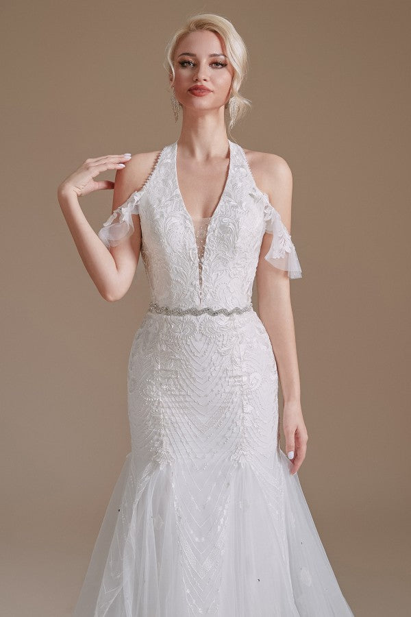 Vestido de Noiva Elegante e Comprido de Tule com Decote Halter e Cauda de Sereia Aplicações de Renda