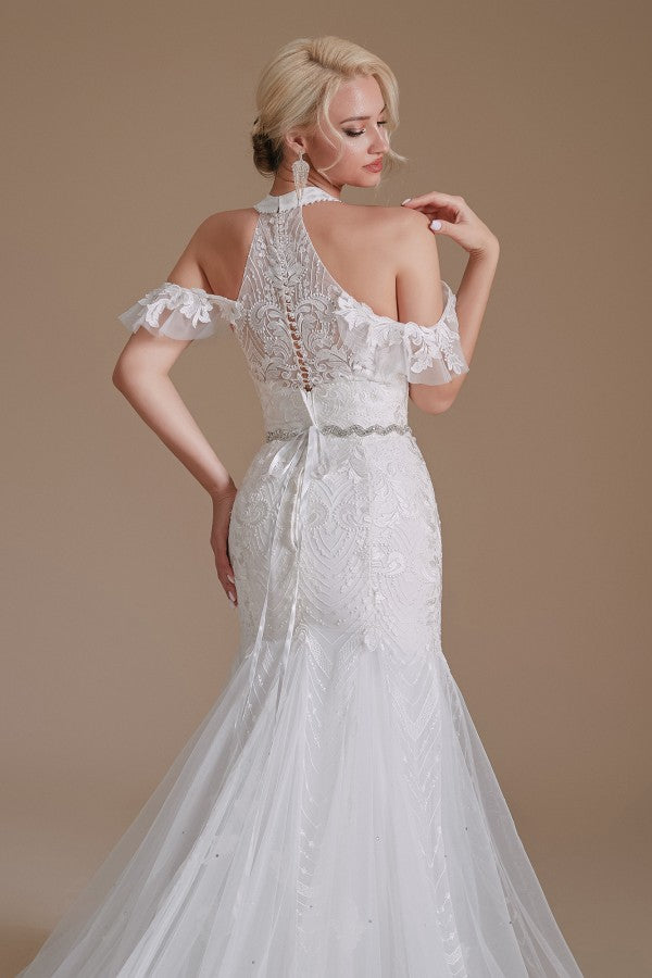Vestido de Noiva Elegante e Comprido de Tule com Decote Halter e Cauda de Sereia Aplicações de Renda