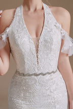 Vestido de Noiva Elegante e Comprido de Tule com Decote Halter e Cauda de Sereia Aplicações de Renda