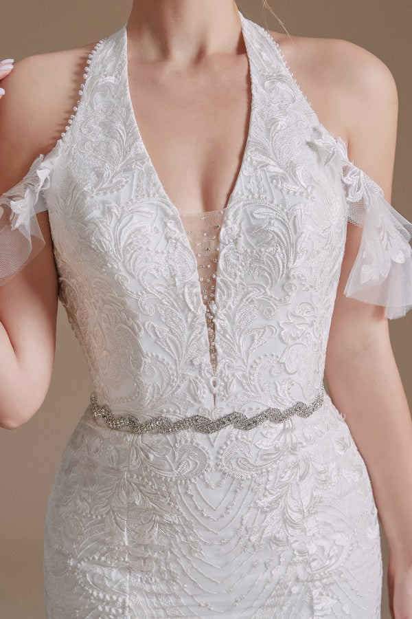 Vestido de Noiva Elegante e Comprido de Tule com Decote Halter e Cauda de Sereia Aplicações de Renda
