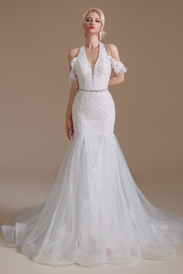 Vestido de Noiva Elegante e Comprido de Tule com Decote Halter e Cauda de Sereia Aplicações de Renda