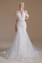 Vestido de Noiva Elegante e Comprido de Tule com Decote Halter e Cauda de Sereia Aplicações de Renda