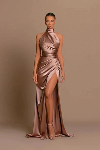 Elegant Long Mermaid High Neck Satin Formal Prom Dress With Slit