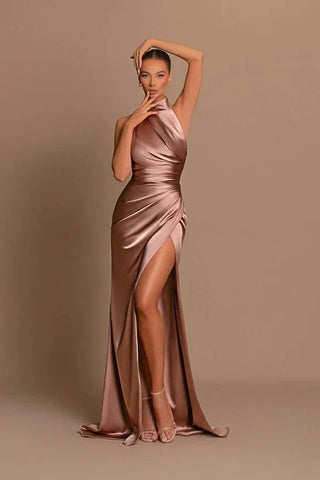 Elegant Long Mermaid High Neck Satin Formal Prom Dress With Slit