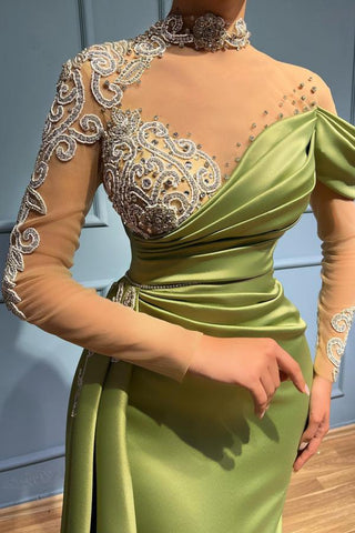 Elegant Long Mermaid High Neck Satin Lace Prom Dresses with Sleeves