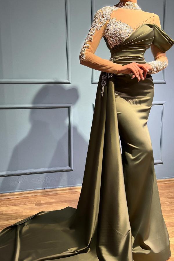 Elegantes langes Meerjungfrau-Ballkleid mit hohem Halsausschnitt und Satinspitze und Ärmeln