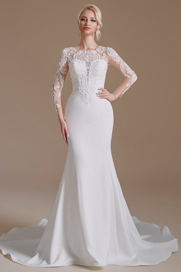 Elegantes langes Meerjungfrau-Juwel-Satin-Spitzen-Brautkleid mit Ärmeln