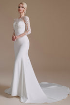 Elegantes langes Meerjungfrau-Juwel-Satin-Spitzen-Brautkleid mit Ärmeln