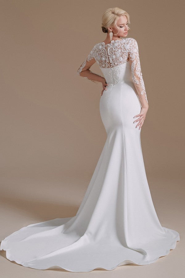 Elegantes langes Meerjungfrau-Juwel-Satin-Spitzen-Brautkleid mit Ärmeln