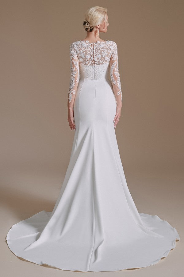 Elegantes langes Meerjungfrau-Juwel-Satin-Spitzen-Brautkleid mit Ärmeln