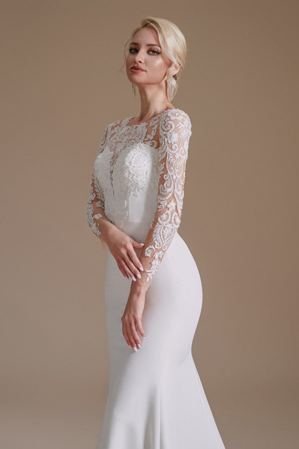 Elegantes langes Meerjungfrau-Juwel-Satin-Spitzen-Brautkleid mit Ärmeln