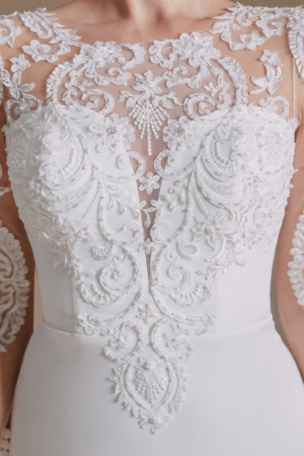Elegantes langes Meerjungfrau-Juwel-Satin-Spitzen-Brautkleid mit Ärmeln
