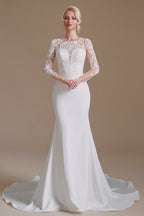 Elegantes langes Meerjungfrau-Juwel-Satin-Spitzen-Brautkleid mit Ärmeln