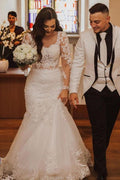 Elegantes langes Meerjungfrau-Spitzenkleid mit offenem Rücken und Ärmeln für die Hochzeit