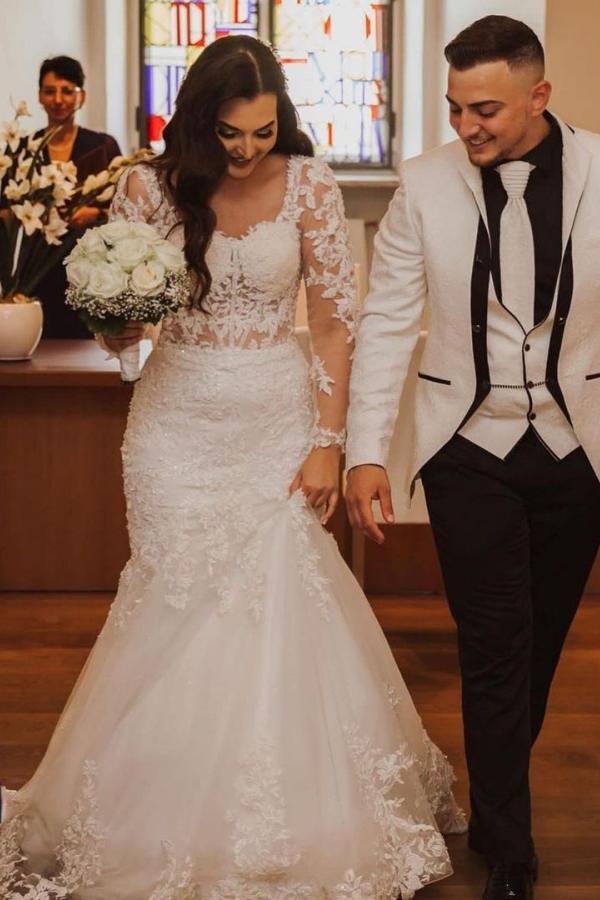 Elegantes langes Meerjungfrau-Spitzenkleid mit offenem Rücken und Ärmeln für die Hochzeit