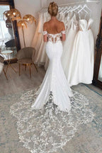 Elegant Long Mermaid Off-The-Shoulder Lace Wedding Dresses with Chapel Train by BIZTUNNEL
