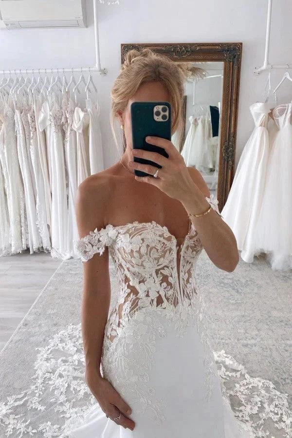 Elegant Long Mermaid Off-The-Shoulder Lace Wedding Dresses with Chapel Train by BIZTUNNEL