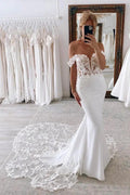 Elegant Long Mermaid Off-The-Shoulder Lace Wedding Dresses with Chapel Train by BIZTUNNEL