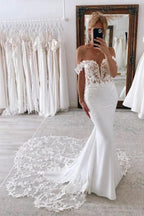 Elegant Long Mermaid Off-The-Shoulder Lace Wedding Dresses with Chapel Train by BIZTUNNEL