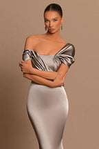 Vestidos de baile de cerimónia elegantes, compridos, estilo sereia, em cetim, com ombros à mostra