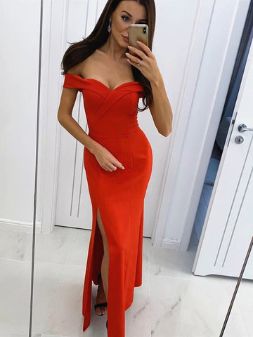 Elegant Long Mermaid Off the Shoulder Satin Formal Prom dresses with Slit