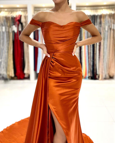 Elegant Long Mermaid Off-the-shoulder Stretch Satin Prom Dress with Slit