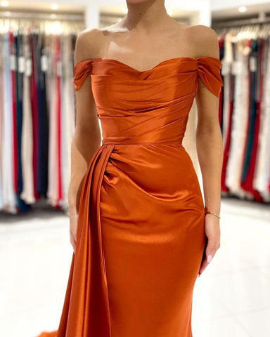 Elegant Long Mermaid Off-the-shoulder Stretch Satin Prom Dress with Slit