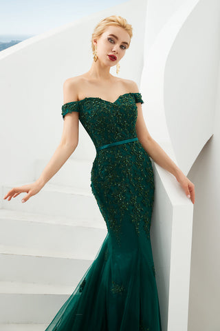 Elegant Long Mermaid Off-the-shoulder Tulle Lace Prom Dress