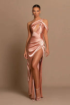 Elegant Long Mermaid One Shoulder Satin Formal Prom Dress With Slit