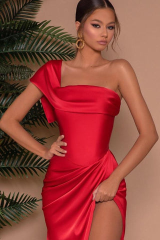 Elegant Long Mermaid One Shoulder Satin Formal Prom Dress with Slit