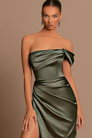 Elegant Long Mermaid One Shoulder Satin Formal Prom Dresses with Slit