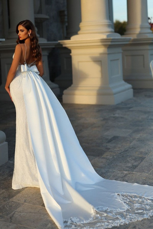 Elegantes langes Meerjungfrau-Brautkleid ohne Ärmel mit Spitze