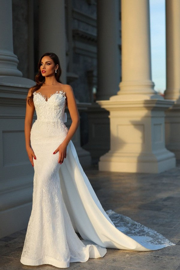 Elegantes langes Meerjungfrau-Brautkleid ohne Ärmel mit Spitze