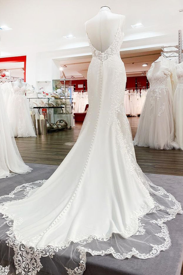 Elegantes langes Meerjungfrau-Brautkleid mit Trägern, Spitze, Satin und rückenfreiem Ausschnitt