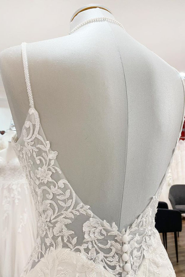 Robe de mariée élégante longue sirène à bretelles spaghetti en dentelle et satin avec dos ouvert