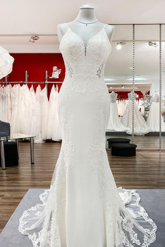 Elegantes langes Meerjungfrau-Brautkleid mit Trägern, Spitze, Satin und rückenfreiem Ausschnitt