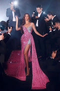 Robe de bal formelle élégante et longue, style sirène, à bretelles spaghetti et paillettes, avec fente