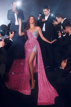 Elegantes vestidos de baile compridos, estilo sereia, com alças finas, lantejoulas e racha