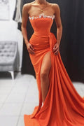 Elegante Abito da Ballo Lungo a Sirena Senza Spalline in Satin con Spacco