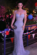 Elegante Lange Meerjungfrau Liebsten Spaghetti-trägern Tüll Perlen Formale Ballkleider